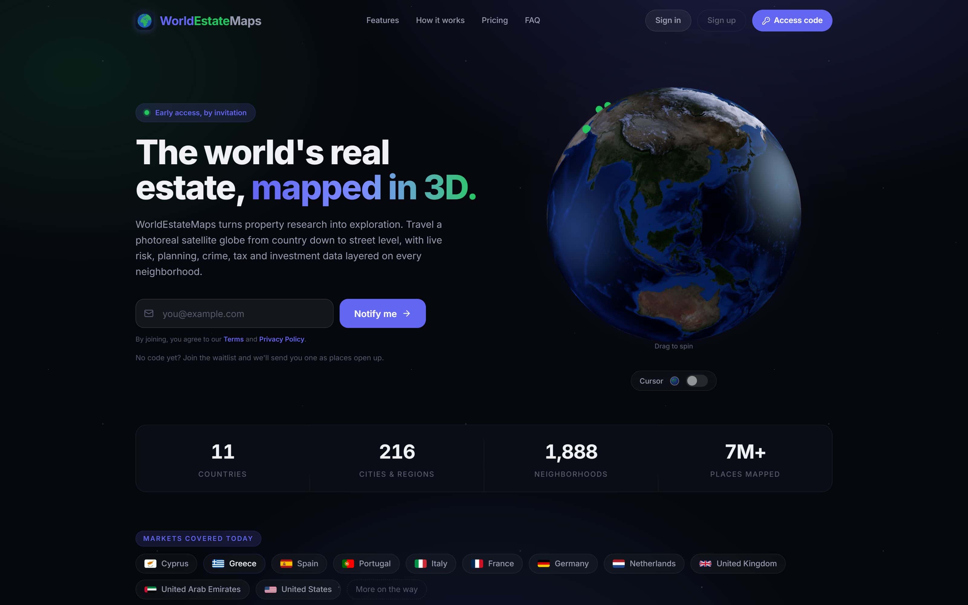 The WorldEstateMaps homepage showing a 3D map of real estate