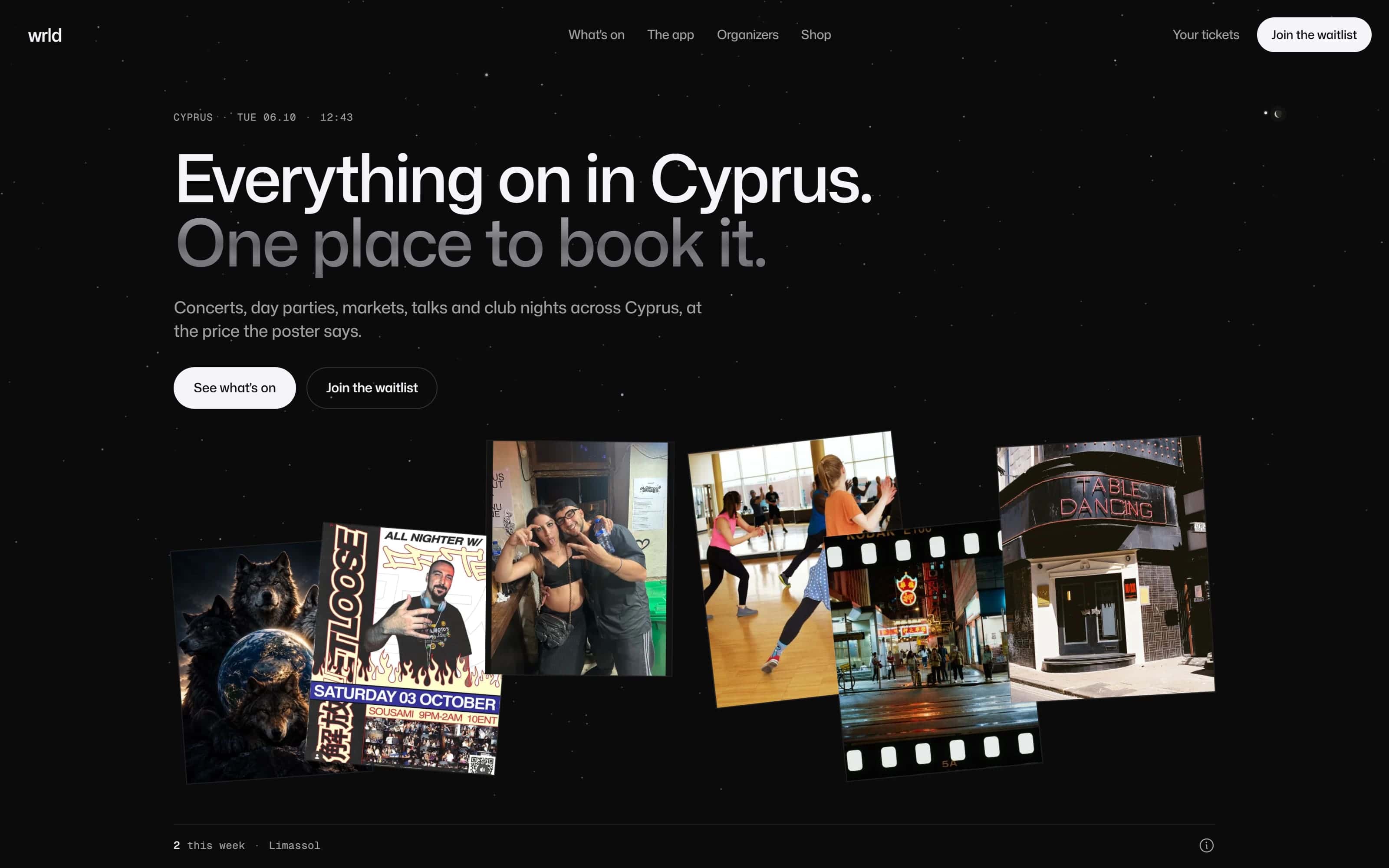 The wrld landing page: the headline Everything on in Cyprus above a scattered fan of event posters and photos on black
