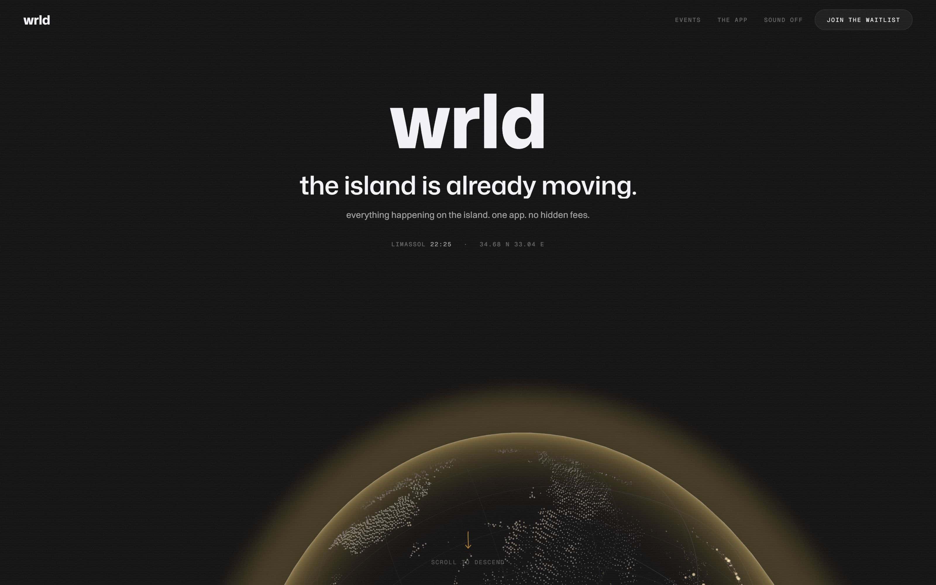 The wrld landing page: a glowing amber globe rising beneath the headline the island is already moving
