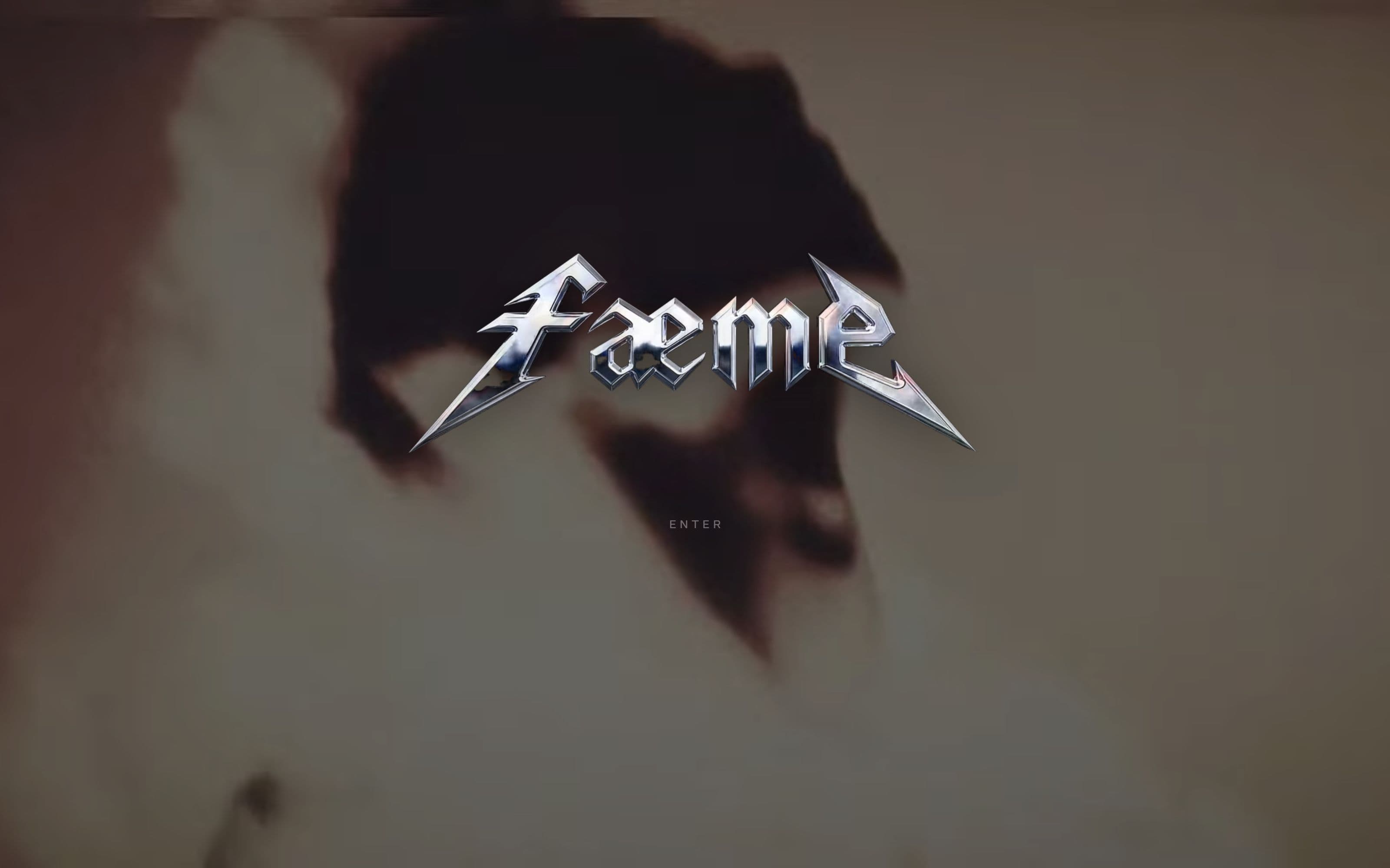 The faeme entry screen: a chrome metal logotype over dark infrared imagery