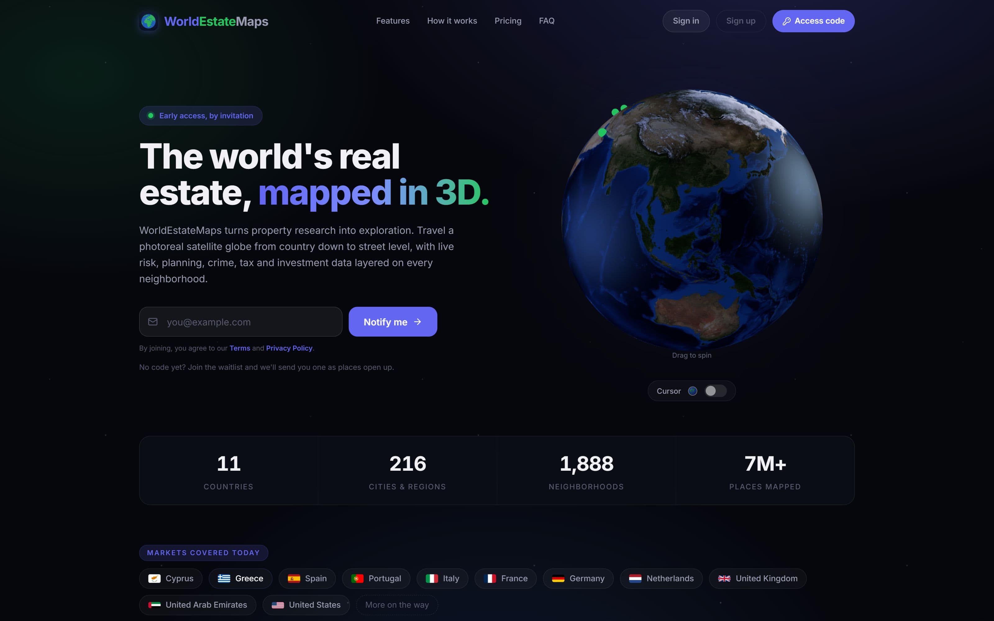 The WorldEstateMaps homepage showing a 3D map of real estate