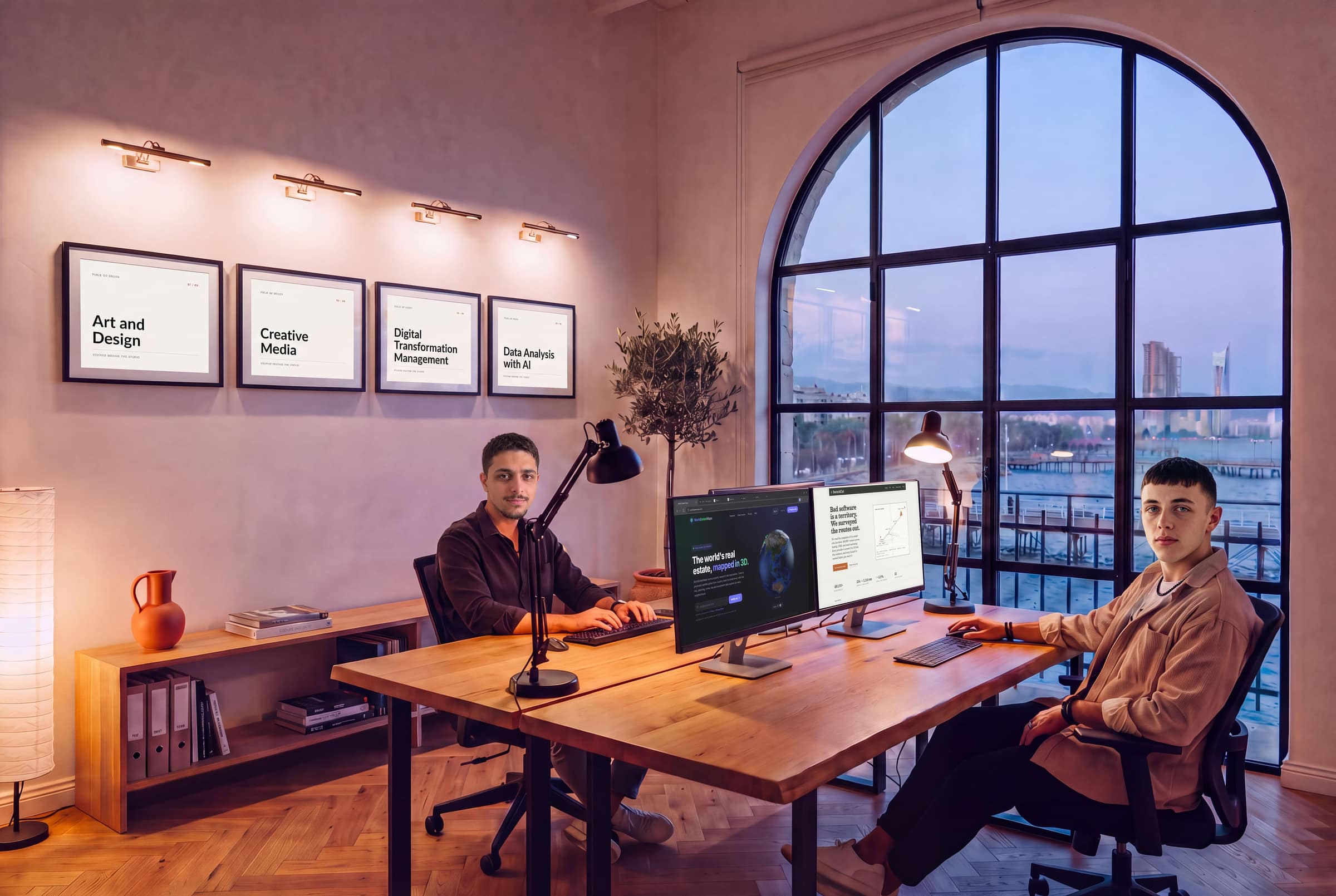 The Frontis studio at dusk: four framed study plates in one row under brass picture lights, both founders at the long oak table with two dark monitors glowing, and a giant arched steel window with the Limassol bay beyond